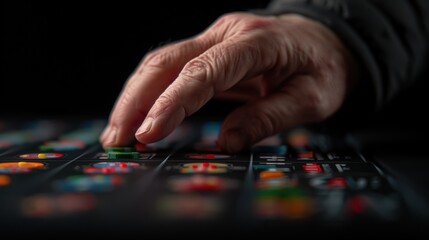 Fototapeta premium A hand pressing colorful buttons on a dark keyboard.