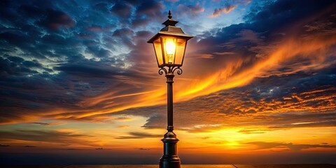 Obraz premium Nighttime street lamp illuminates a dark urban scene, capturing city lights in captivating street photography.