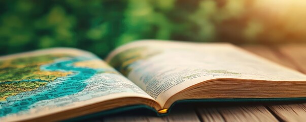 Obraz premium Map atlas idea. An open book showcasing a vibrant landscape illustration in natural lighting.