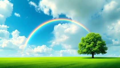 Vibrant rainbow arching across a blue sky. A vibrant rainbow arching across a bright blue sky with fluffy white clouds. Double rainbow over the plains set over a peaceful landscape