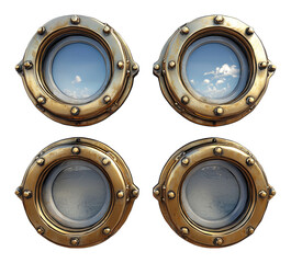 Obraz premium Vintage Brass Portholes Nautical Windows Steampunk Design Ocean View Sky Reflection Round Frames