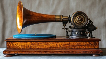Antique gramophone with wooden base and brass horn