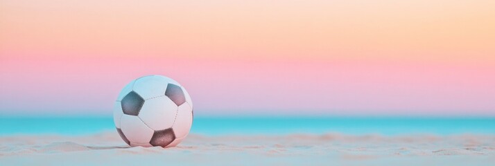 Fototapeta premium Pastel Coastal Football on Sand at Dusk Minimalist Beach Sports