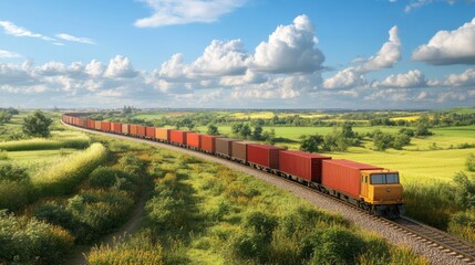 A cargo train loaded with shipping containers moving through a rural landscape. 