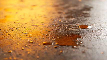 A close-up of a puddle of oil on the garage floor, reflecting the dim, flickering lights. The oily sheen on the surface creates a distorted, abstract image, blurring the lines between reality and