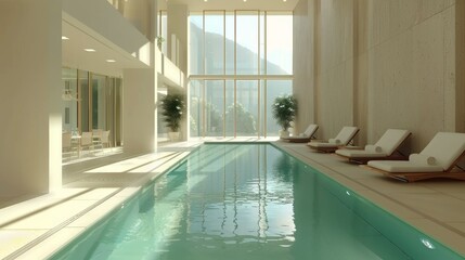 Modern indoor swimming pool with sleek, clean lines and an abundance of natural light from tall windows