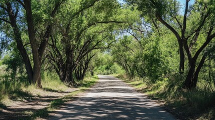 Fototapeta premium Serene Dirt Path Through Lush Green Trees in Sunny Forest Setting