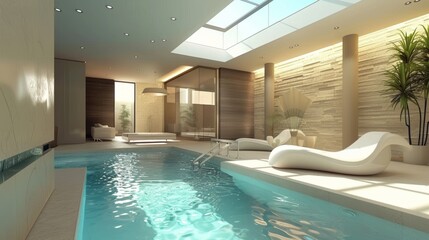 Modern indoor swimming pool with stylish design elements and natural light from wide windows