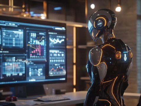 Advanced AI Robot Analyzing Financial Data on Computer Screen