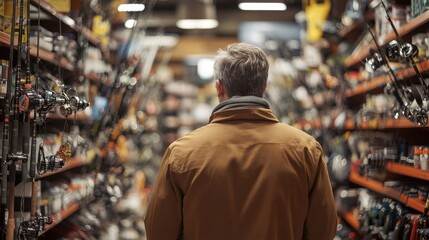A man exploring fishing equipment in a sporting goods store, back view, shelves of rods and reels