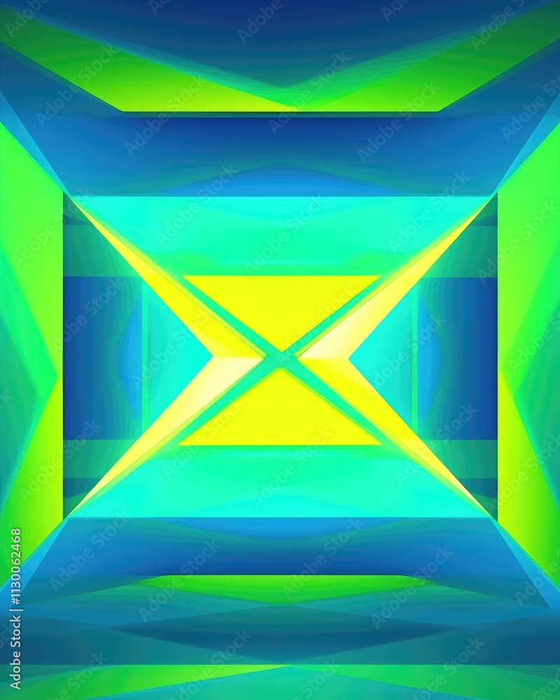 Poster intersecting shapes form a captivating design, filled with luminous colors of blue and green that ev