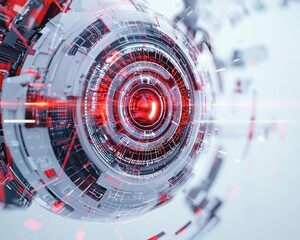 A robotic eye emitting beams scanning holographic charts and reports.