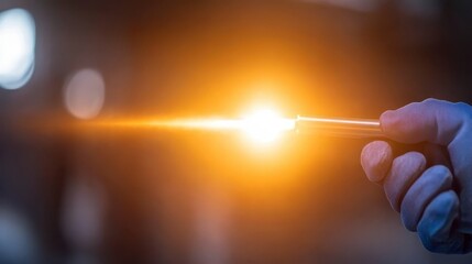 Gloved Hand Holding Glowing Tube Bright Light Energy Science