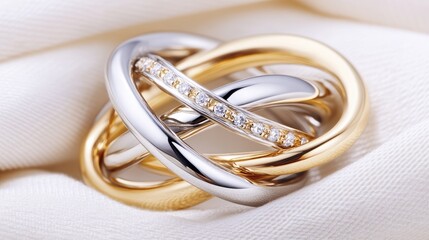 Elegant Intertwined Rings with Diamonds on Soft Fabric Background