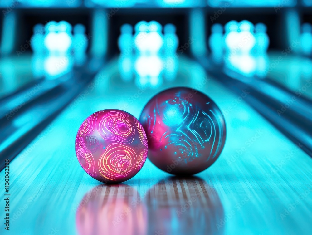 Poster Bowling balls with vibrant neon designs orbiting a glowing, futuristic pin in a surreal environment top view advanced tone monochromatic color scheme
