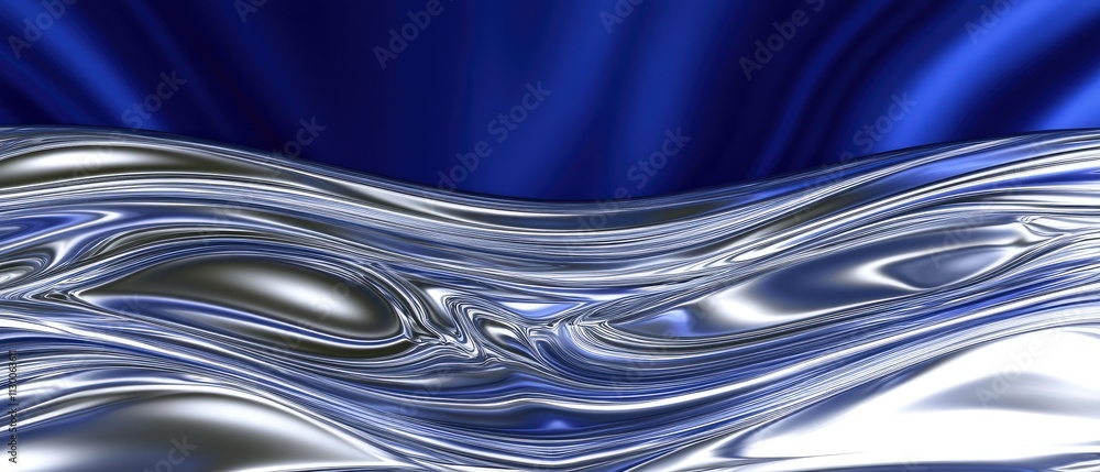Poster silky textures in shimmering silver and deep blue intertwine, creating a fluid composition that evok
