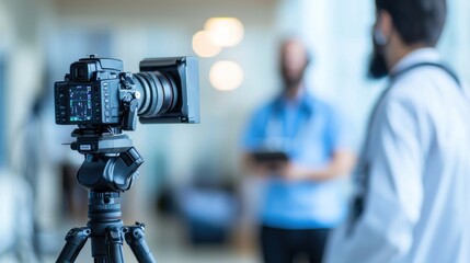 Doctor interview setup featuring a doctor speaking to a journalist in a hospital or clinic setting