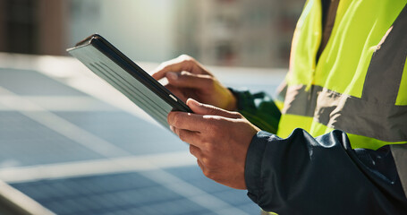 Solar panels, hand and tablet with person in city for photovoltaic grid, technician and engineer....