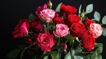 Fototapeta premium A stunning bouquet of red and pink roses arranged against a rich black background, highlighting their vibrant hues in dramatic lighting.