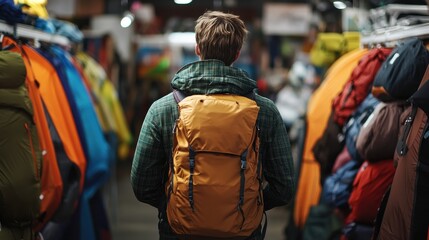 Obraz premium A man looking for sports gear in an outdoor adventure shop, back view, racks of hiking boots and tents