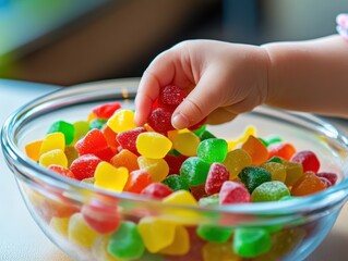 Baby Hand Reaching Colorful Sugary Gummy Candy Bowl