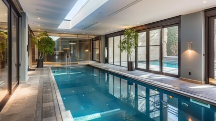 Stylish indoor swimming pool with a contemporary aesthetic and plenty of natural light from floor-to-ceiling windows