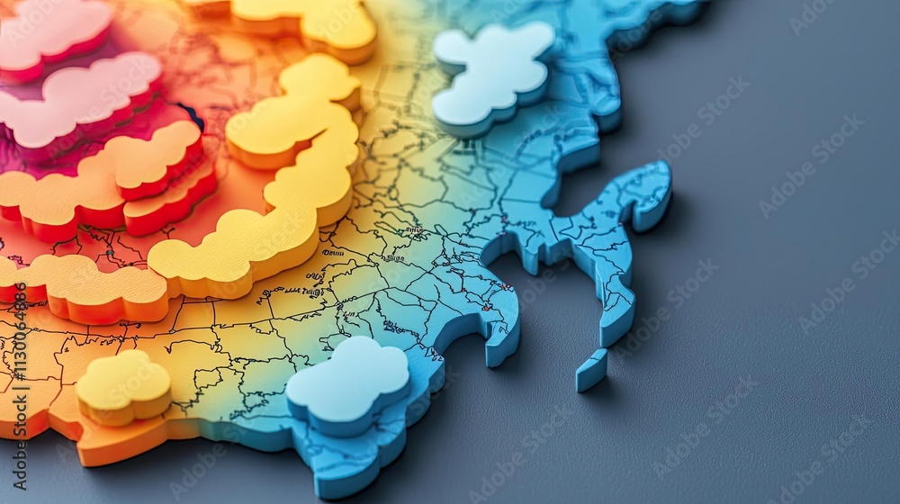 Poster map atlas idea. colorful weather map with various elements representing temperature and cloud patter
