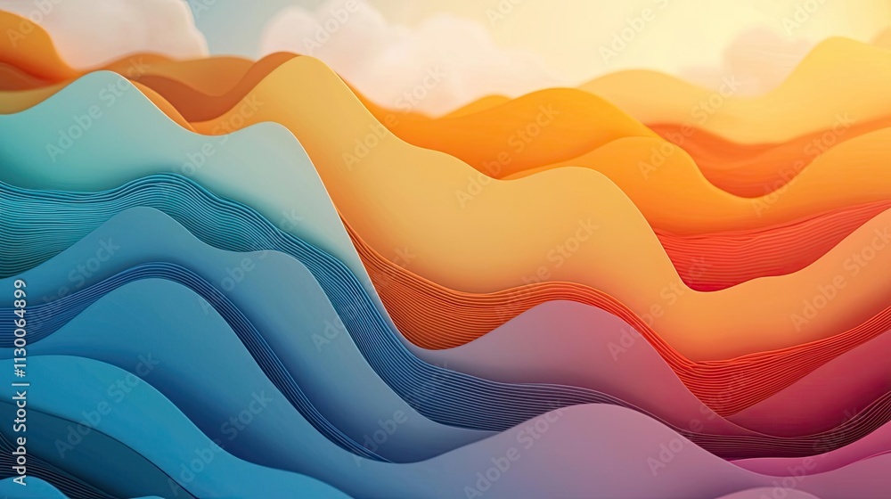 Poster map atlas idea. vibrant abstract waves in blue, orange, and yellow create a dynamic visual experienc