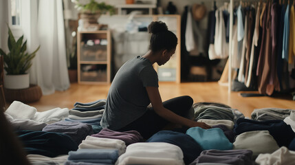 Young woman folding and organizing clothes on a bed in a bright and tidy bedroom