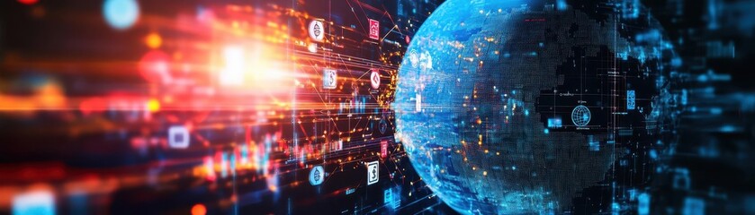 Crossborder fintech innovation expressed as a digital network diagram close up, highlighting seamless operations, whimsical, overlay, globe with currency symbols backdrop