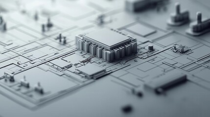 Conceptual blueprint of a microfluidic chip, minimalist and detailed, sleek line work, grayscale