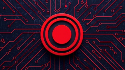 Abstract digital design featuring a red circular shape on a circuit board background.