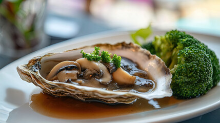 an oyster with mushroom sauce and brocoli