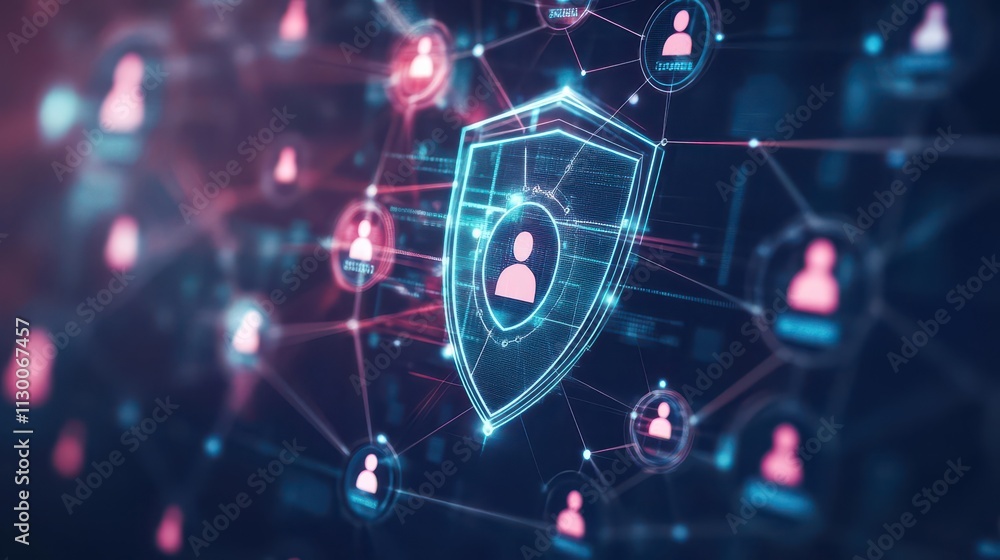 Poster data security concept with customer avatars protected by a digital shield, cyber safety