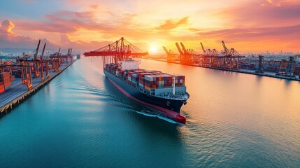 Fototapeta premium A cargo ship entering a port with cranes ready to unload shipping containers