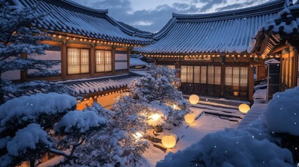 An enchanting winter night view of a Korean hanok courtyard covered in snow, golden light pouring from paper lanterns illuminating the traditional architecture, the moonlight subtly highlighting the s