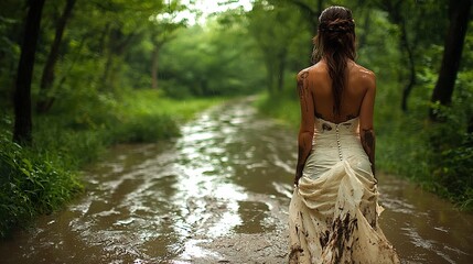 Fototapeta premium Mud stained Wedding Dress on Rainy Forest Path Dramatic Atmosphere