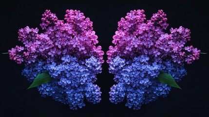 Artistic display of purple lilacs and pink blossoms in perfect symmetry, set against a deep black background for a dramatic floral composition.