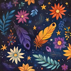 Obraz premium Background with Stars, Flowers, and Feathers Prompts