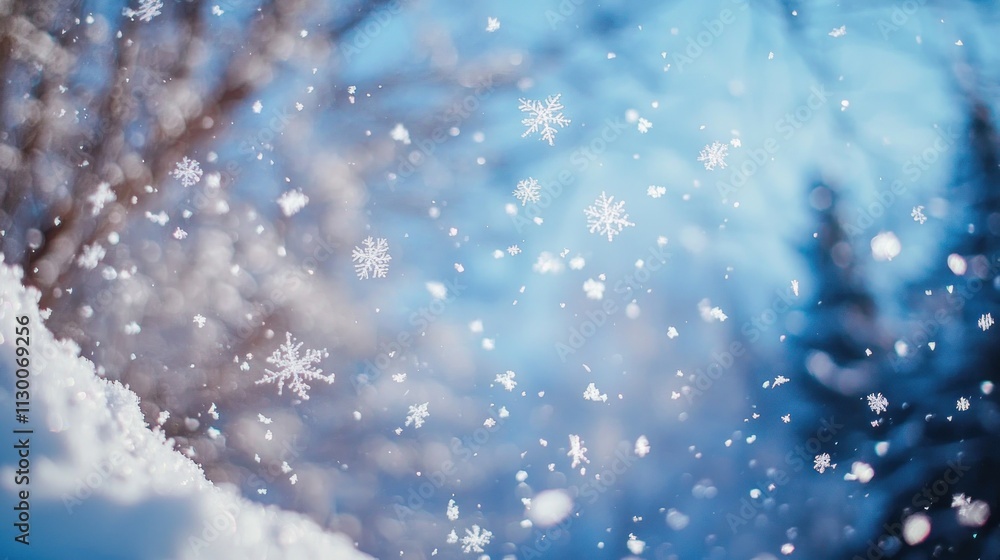 Poster falling snowflakes in a close-up, creating a magical winter atmosphere with blurry trees in the back