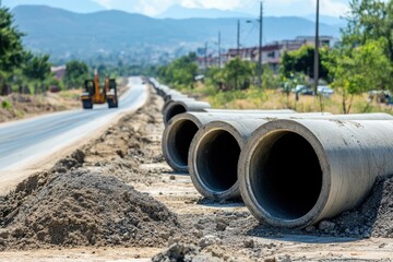 Concrete pipes being installed along a road signify infrastructure development