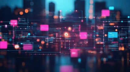 Obraz premium Emerging fintech trends in global markets visualized with digital flow diagrams close up, illustrating market potential, vibrant, fusion, urban skyline backdrop