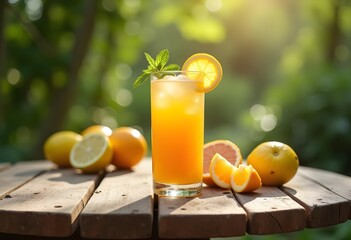 Fototapeta premium Non-alcoholic drink and fruit on a table with a blurred background. 
