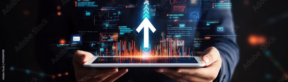 Aufkleber employee holding a digital tablet with an upward arrow hologram emerging from it, surrounded by data
