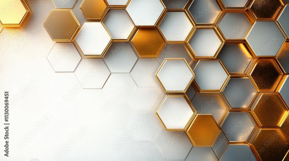 Poster gold and white geometric abstract design with hexagons and dynamic composition