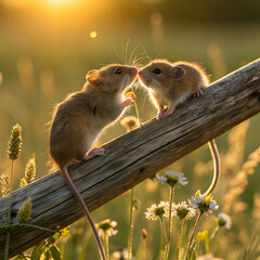 Naklejka premium Peaceful Mice on a Wooden Branch in the Warm Glow of Sunset