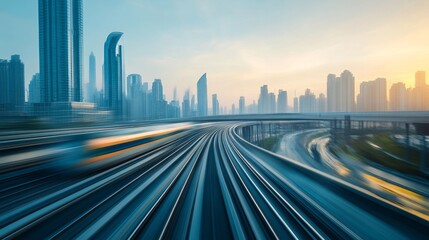 Fototapeta premium A high-speed cargo train moving along an elevated track, with the city skyline in the background. 