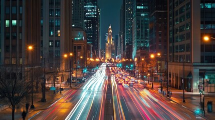 Obraz premium Bright streaks of car lights illuminate the busy streets of a city at night, creating a mesmerizing long-exposure visual of speed and energy.