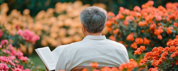 A serene scene of a senior man reading a book surrounded by vibrant flowers in a peaceful garden.