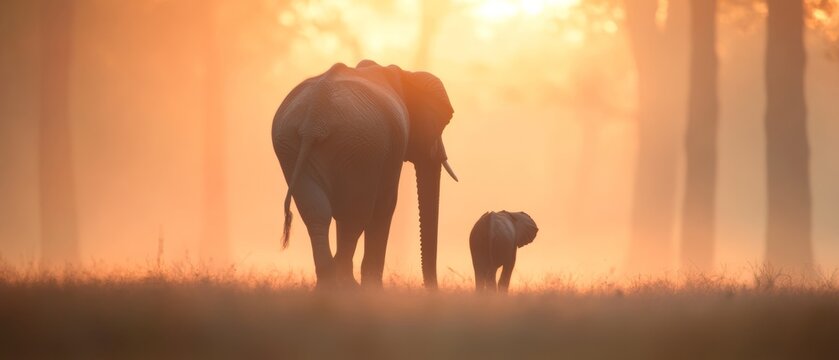 Tranquil Sunset Walk Mother Elephant and Calf on International Animal Rights Day, Earth Day, and World Environment Day